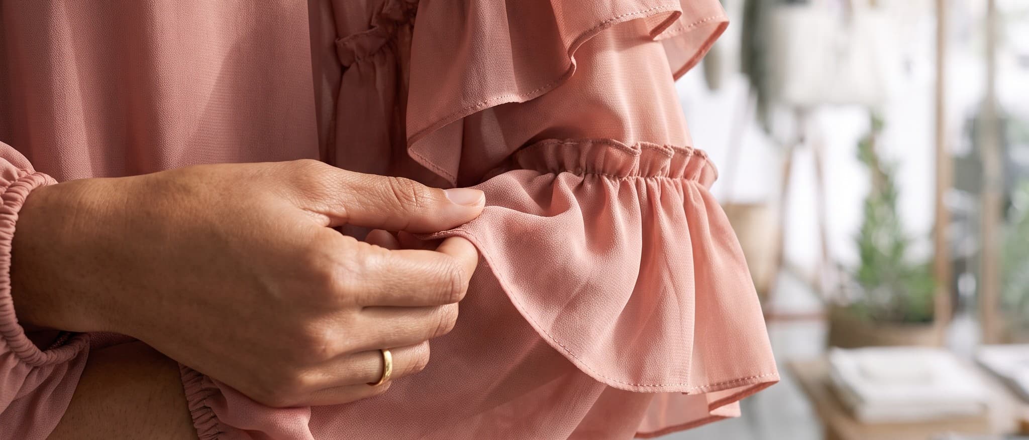 An extreme close-up of the blouse's tiered sleeve, showing the sheer chiffon, the gathered ruffles and the rolled hem.